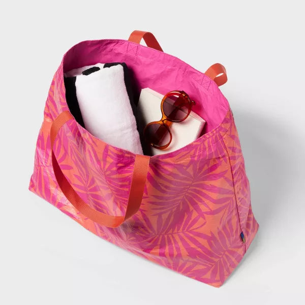 Water Resistant Reversible Tote Bag - Open Story Pink/Coral Palm: Double Handles