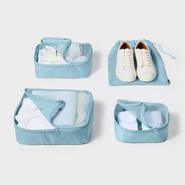4pc Packing Cube Set - Open Story Muddy Aqua: Zipper & Drawstring Closure