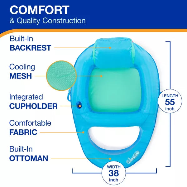 SwimWays Spring Float Recliner Swim Lounger for Pool or Lake with Hyper-Flate Valve - Blue
