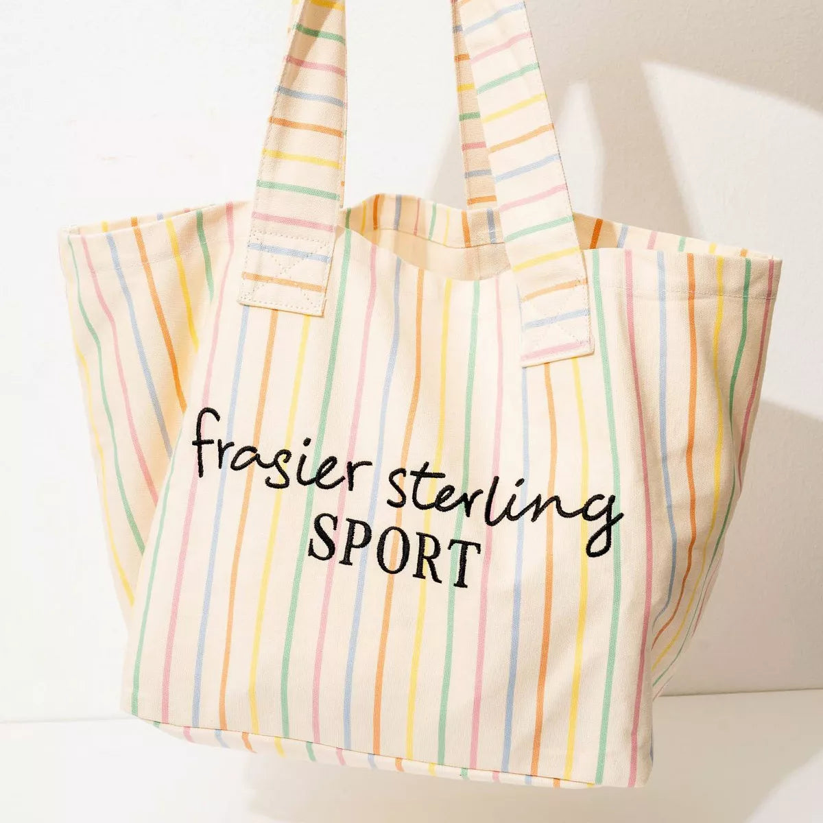Frasier Sterling Sport Striped Tote Bag Rainbow/Cream: Cotton Canvas, Striped Logo Design