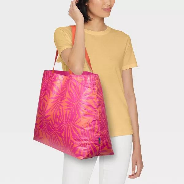 Water Resistant Reversible Tote Bag - Open Story Pink/Coral Palm: Double Handles