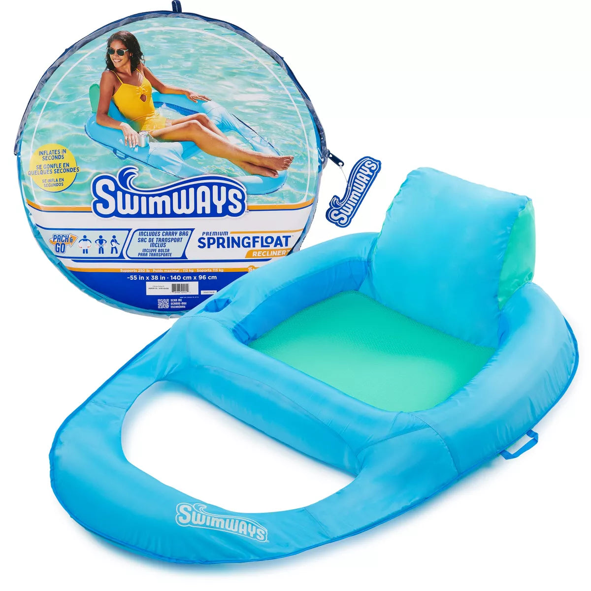 SwimWays Spring Float Recliner Swim Lounger for Pool or Lake with Hyper-Flate Valve - Blue