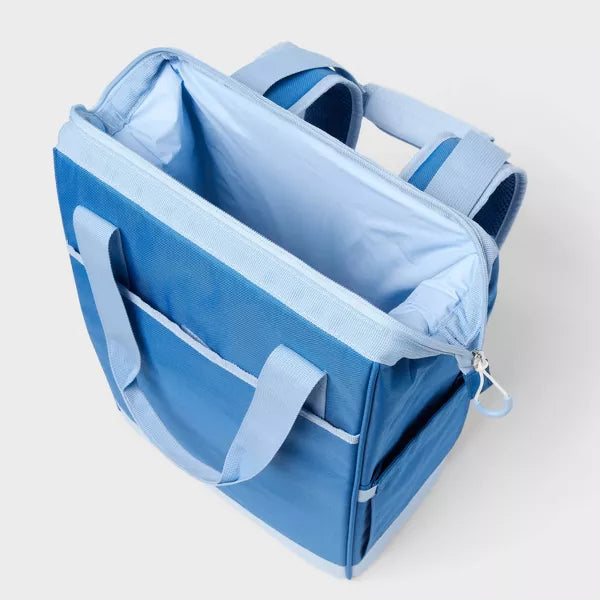 24 Cans/20.4qt Backpack Cooler - Sun Squad Blue: Zip Closure, Adjustable Straps