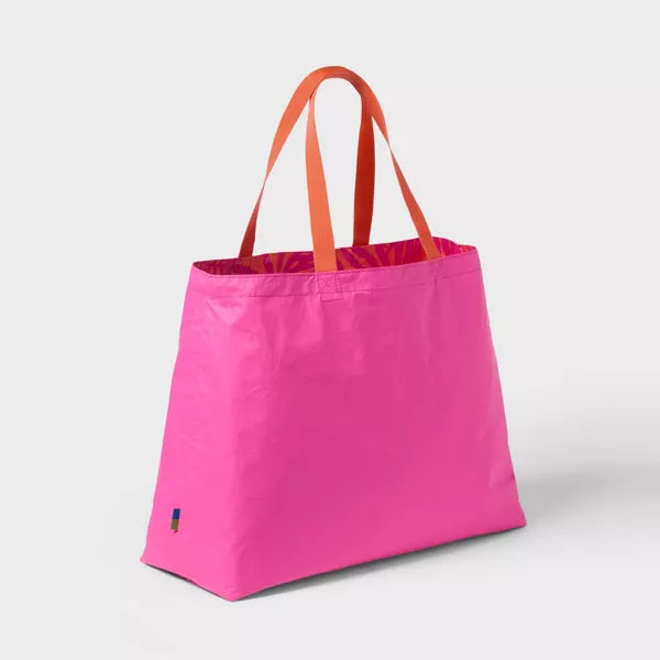 Water Resistant Reversible Tote Bag - Open Story Pink/Coral Palm: Double Handles